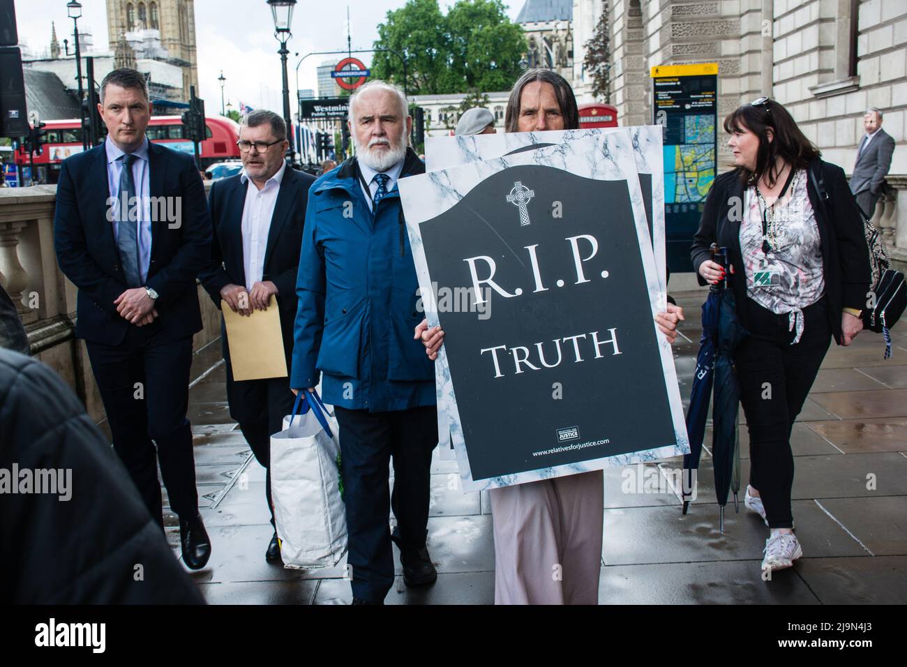 John Finucane, Francie Molloy, Michelle Gildernew attends, the British government plan to change the law in relation to the British agent and soldier who murder Irish Catholic and Irish Republic exempt from prosecution. The victims of the families here to seeking justice curry a coffin in front of Downing street, London, UK. - 24 May 2022. Stock Photo