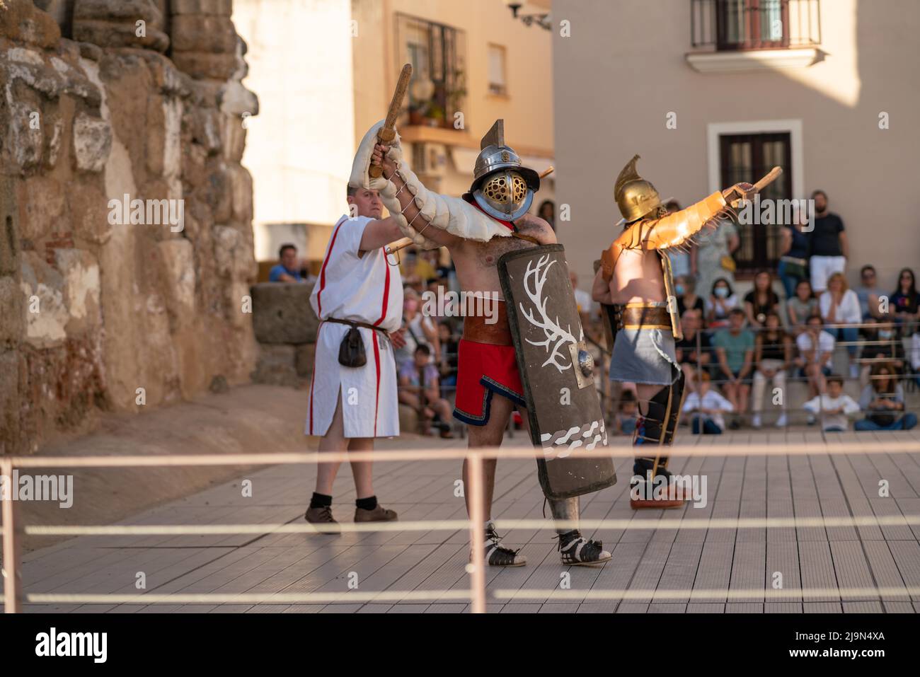 Merida, Extremadura, Spain - May 22, 2022 - Inauguration of the EMERITA LUDICA XXXII edition in the Temple of Diana with its gladiator fight Stock Photo