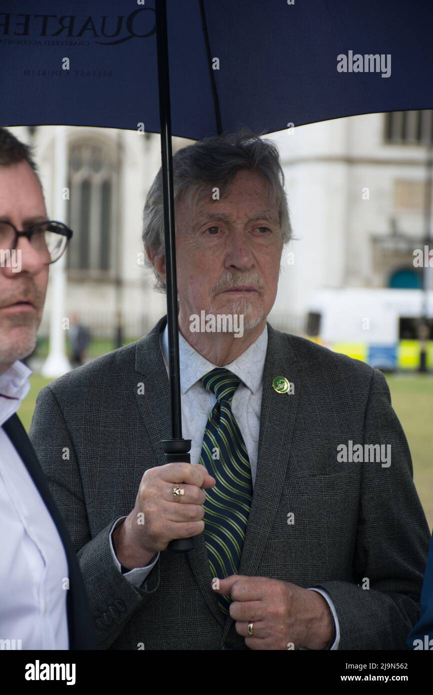 Mickey Brady attends, the British government plan to change the law in relation to the British agent and soldier who murder Irish Catholic and Irish Republic exempt from prosecution. The victims of the families here to seeking justice curry a coffin in front of Downing street, London, UK. - 24 May 2022. Stock Photo