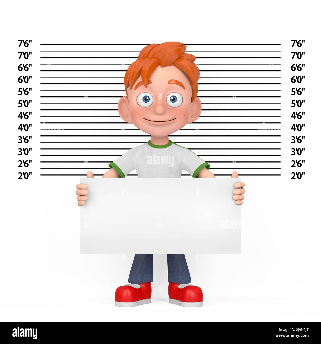 Cartoon Little Boy Teen Person Character Mascot with Identification Plate in front of Police Lineup or Mugshot Background extreme closeup. 3d Renderin Stock Photo