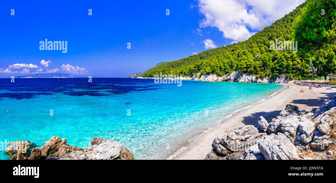 Most secenic beaches of Skopelos island - Kastani with crystal turquoise sea. Greece, northen Sporades Stock Photo