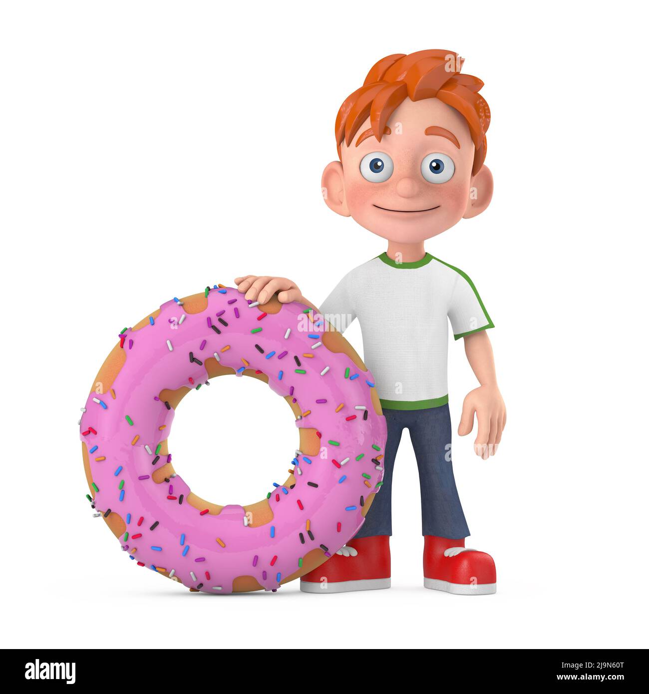 Cartoon Little Boy Teen Person Character Mascot with Big Strawberry Pink Glazed Donut on a white background. 3d Rendering Stock Photo