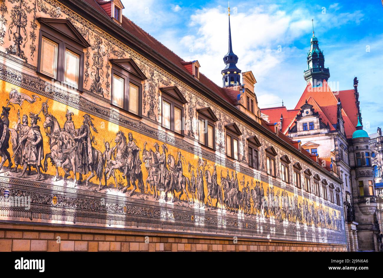 Dresden ,Germany. Procession of princes(Fuerstenzug).It is know as the largest porcelain artwork in the word Stock Photo