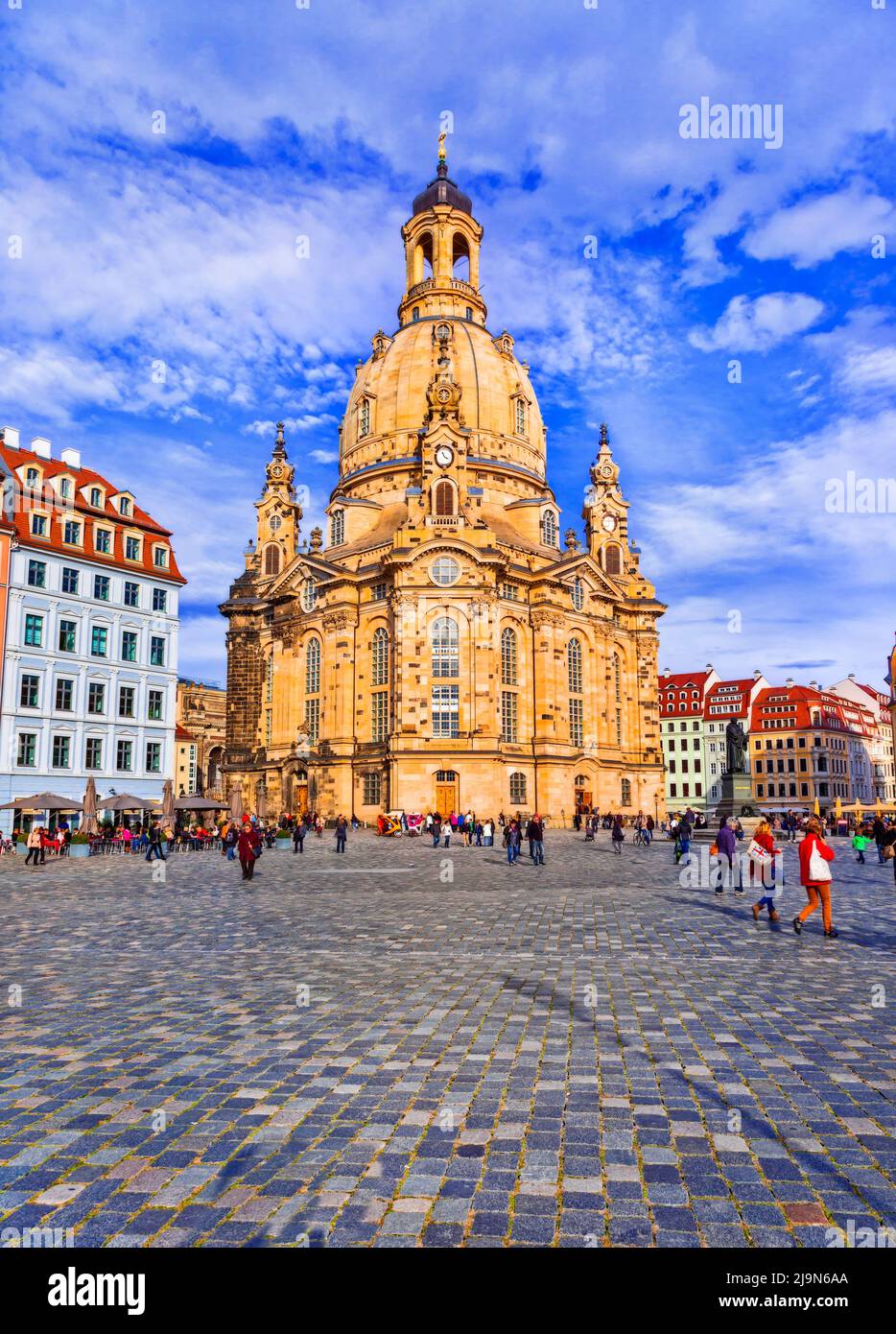 Downtown of Dresden  city square and baroque cathedral  Our Lady Frauenkirche, Germany Stock Photo