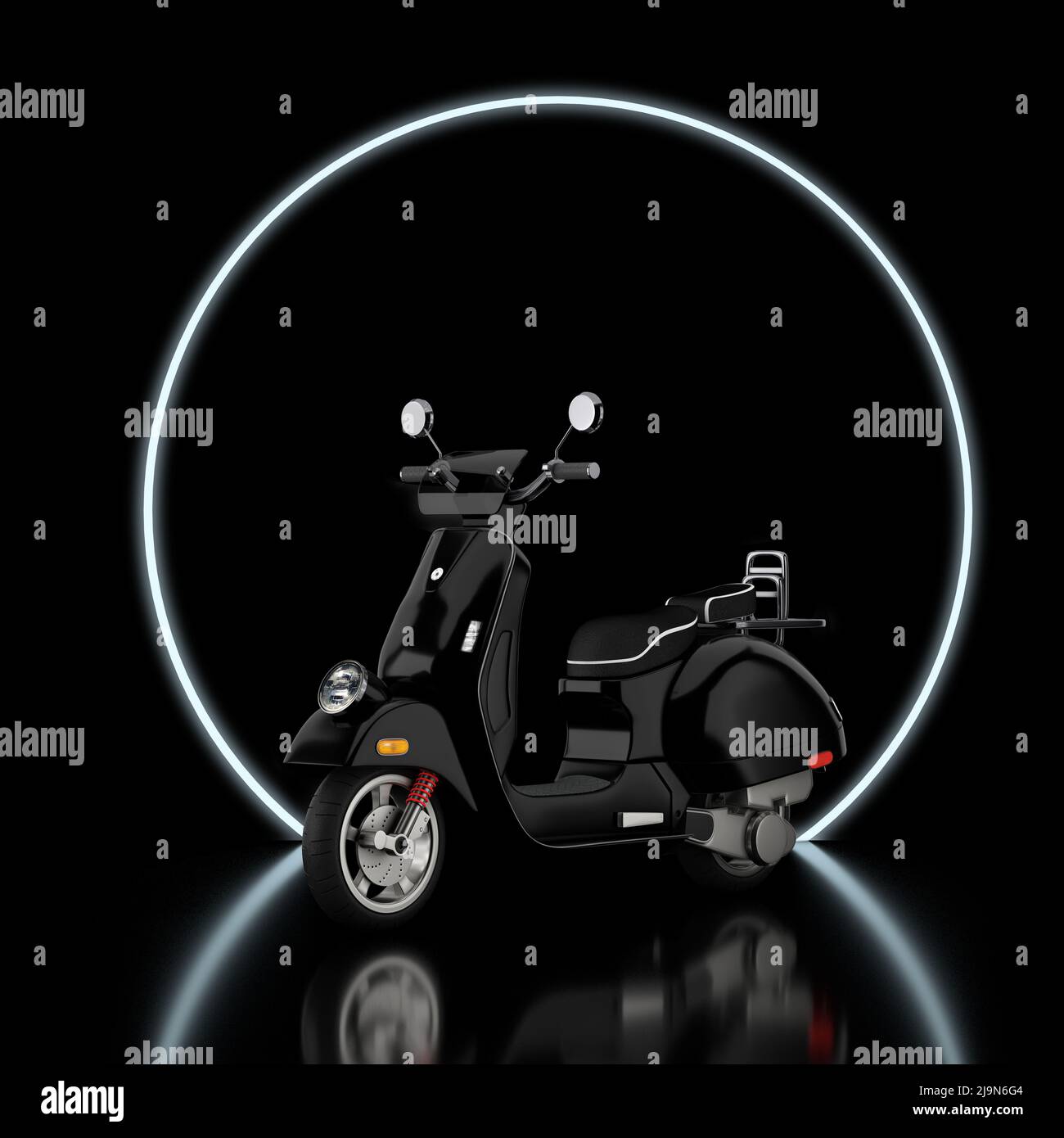 Blue Classic Vintage Retro or Electric Scooter on a Black Circle Promotion  Stage Podium with Backlight on a black background. 3d Rendering Stock Photo  - Alamy