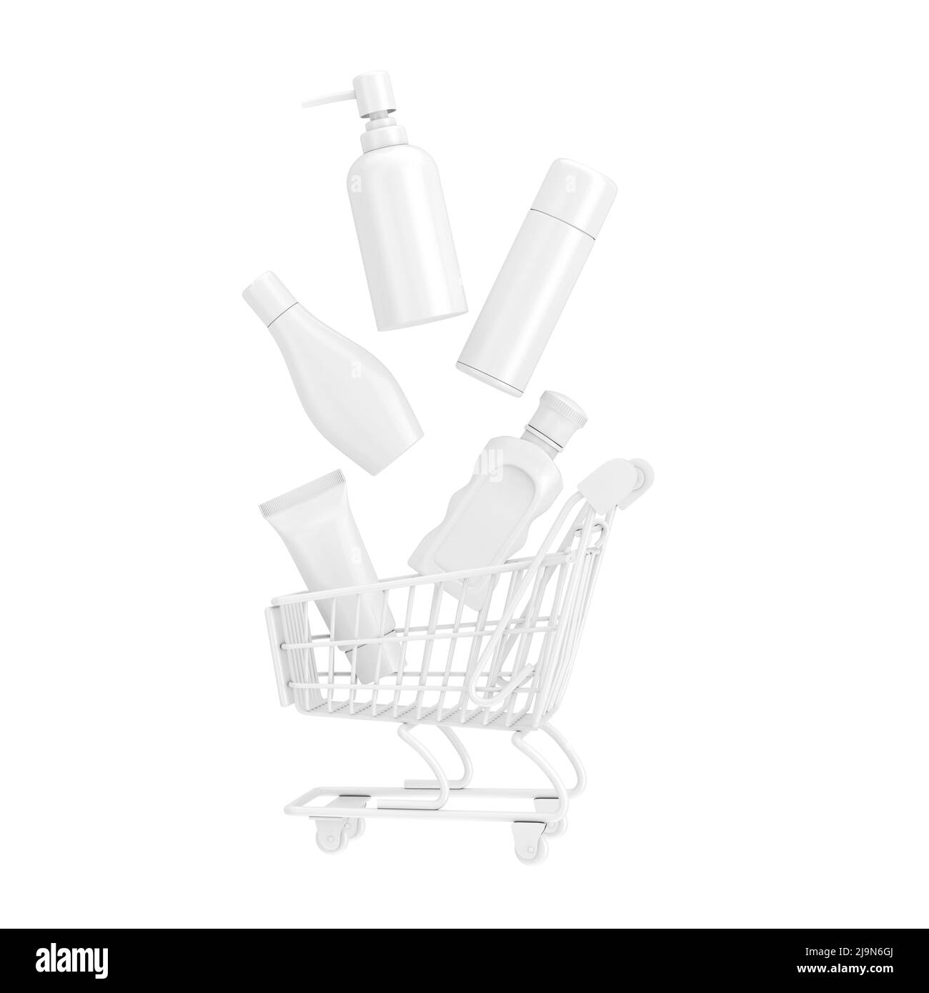 Many White Beauty Fashion Cosmetic Makeup Lotion Bottles Product with Skin Care and Healthcare Concept Falling in Shopping Cart in Clay Style on a whi Stock Photo