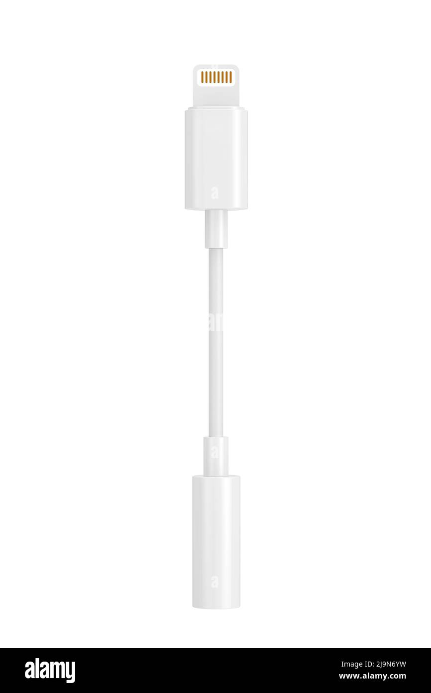 White Lightning to Jack 3.5mm Headphone Adapter Cable on a white background. 3d Rendering Stock Photo