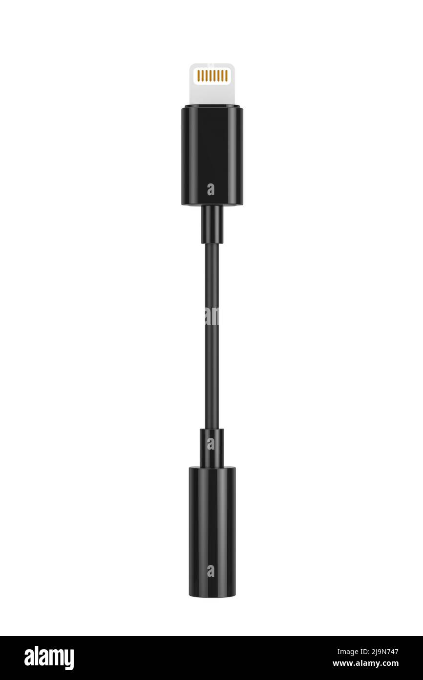 Black Lightning to Jack 3.5mm Headphone Adapter Cable on a white background. 3d Rendering Stock Photo