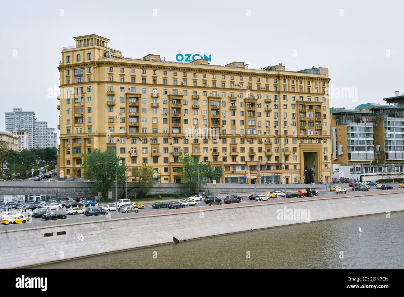 Smolenskaya embankment, a view of a Stalinist-era apartment building built in the neoclassical style in 1937-1939, landmark: Moscow, Russia - May 11, Stock Photo