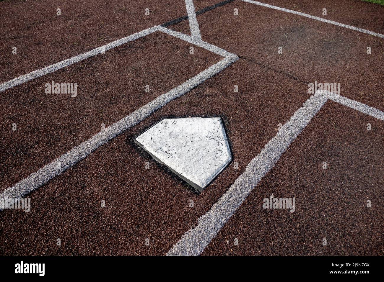 Top down, close up view of home base on a baseball field Stock Photo