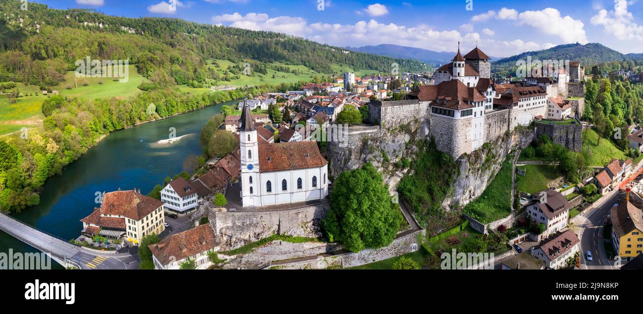 Switzerland travel and landmarks. Aarburg  aerial view.  old medieval town with impressive castle and cathedral over rock. Canton Aargau, Bern provinc Stock Photo