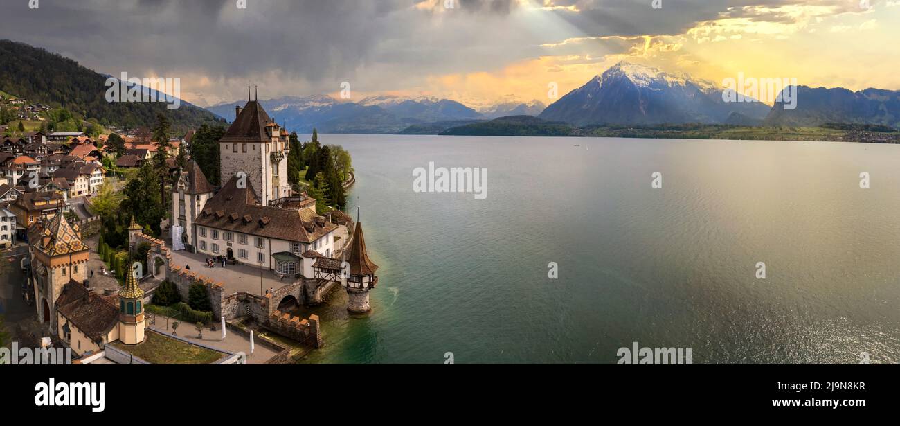 Aerial View Of Amazing Romantic Castle Oberhofen Over Sunset Light Aerial View Of Amazing Romantic Castle Oberhofen Over Sunset Light