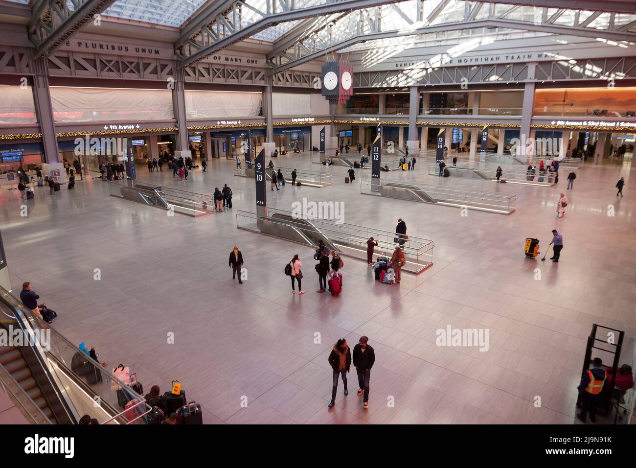 Moynihan Train Hall, an expansion of Penn Station in the former James A. Farley Post Office Building, has access to the Long Island Railroad & Amtrak. Stock Photo