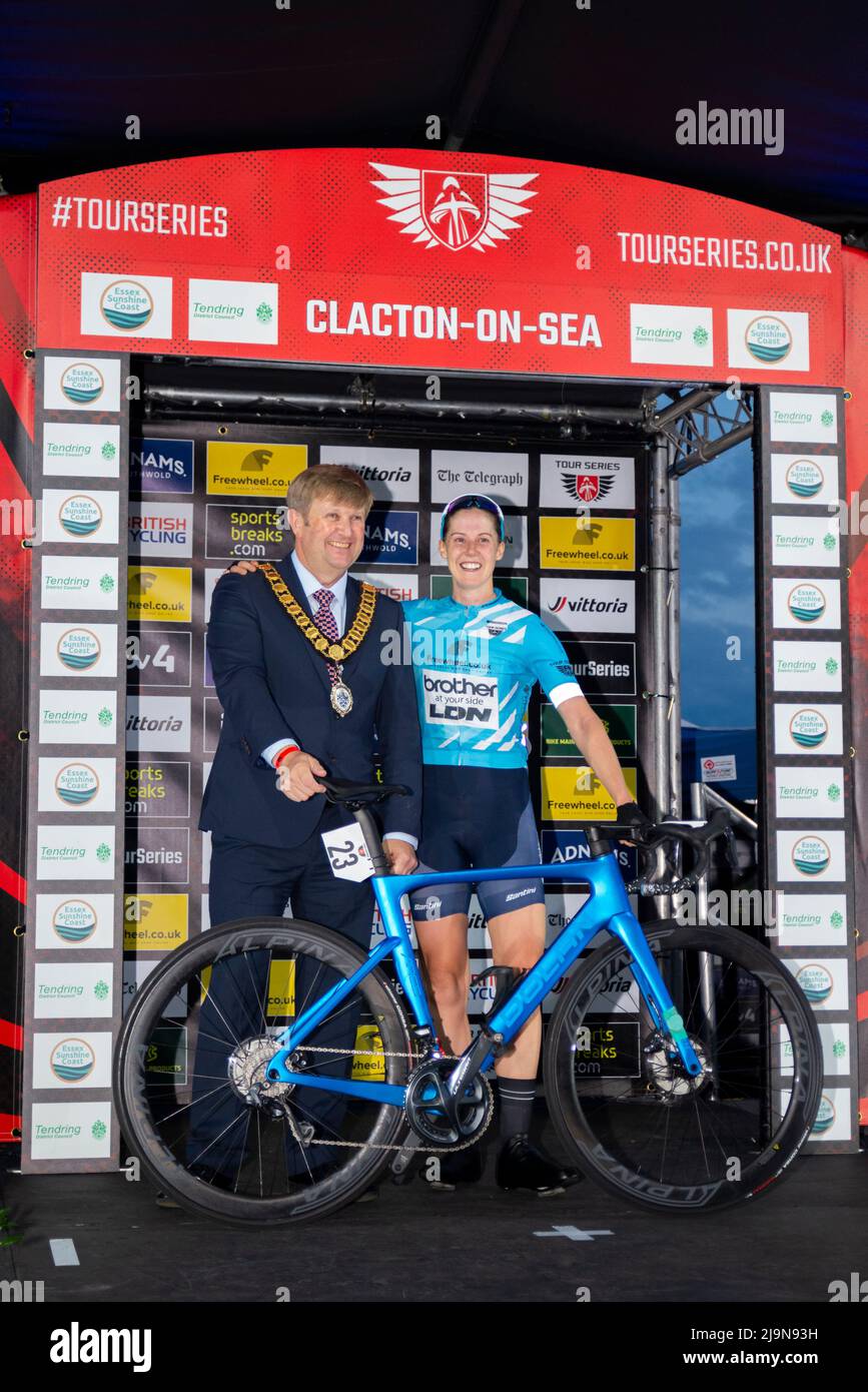 Sammie Stuart of Team LDN Brother UK on podium in the Sportsbreaks Tour Series cycle race round five in Clacton on Sea, Essex, UK. With bicycle Stock Photo