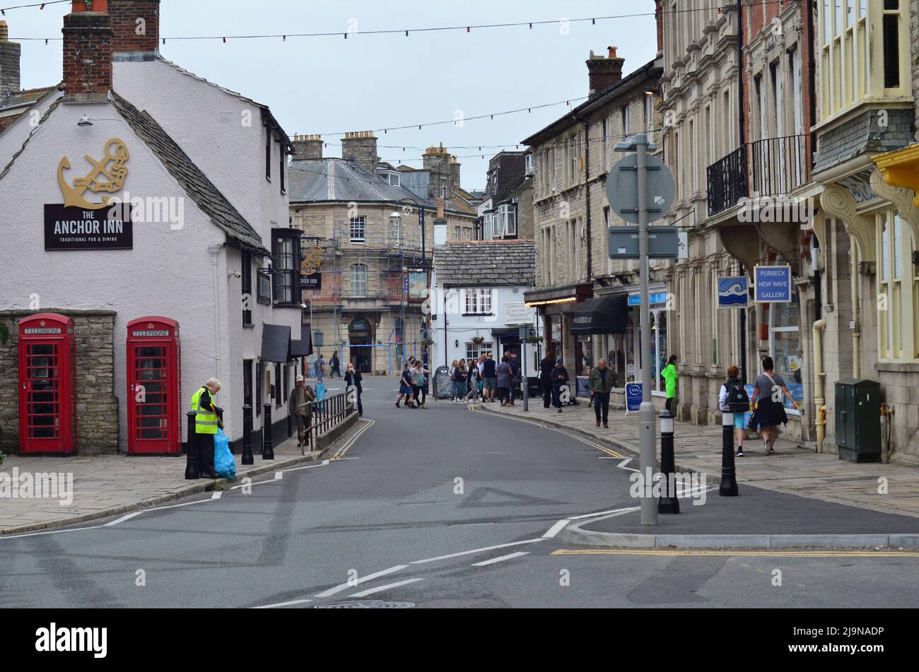 Busy shopping street in Swanage, Dorset. Stock Photo