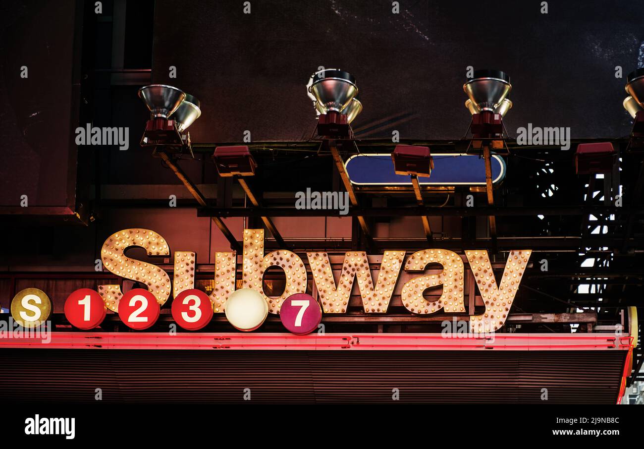 Lit up subway sign in Times Square, Manhattan, New York City Stock Photo