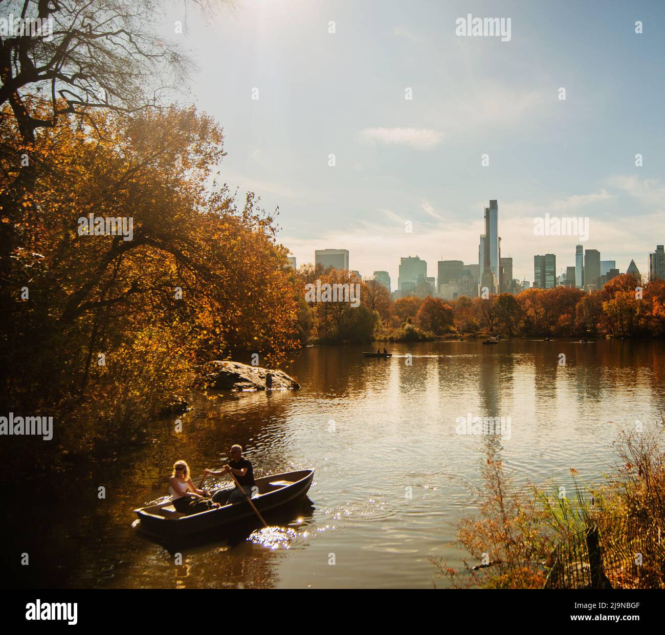 People rowing a boat in central park in Autumn Stock Photo Alamy