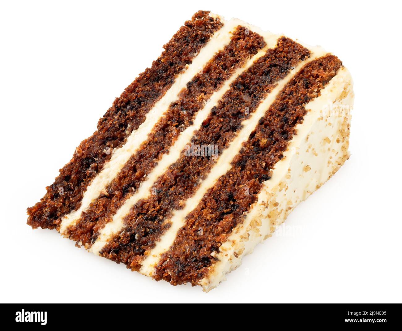 Slice of carrot cake with cream cheese filling and frosting isolated on white. Lying down. Stock Photo