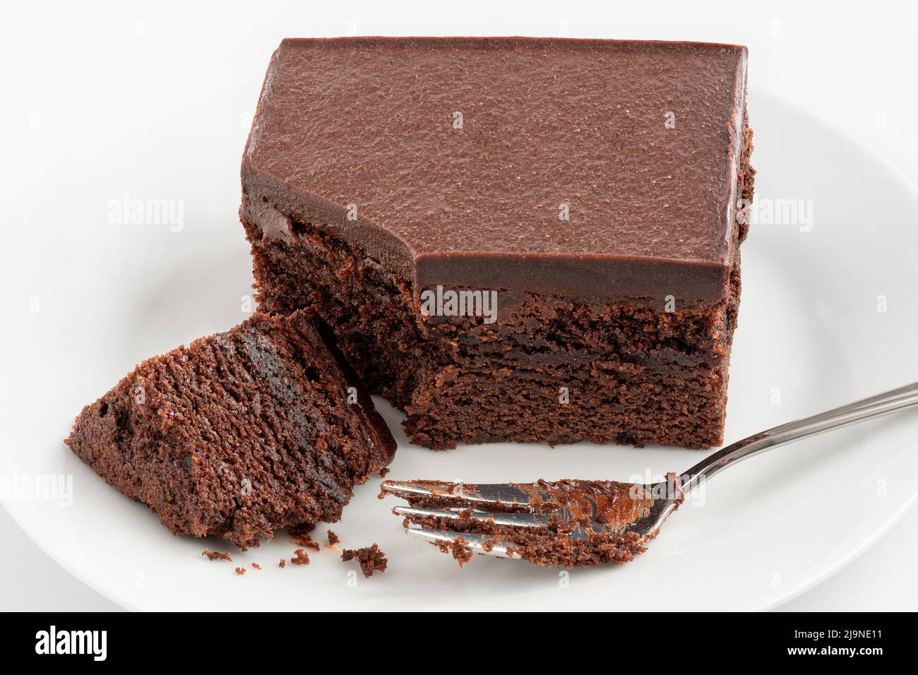 Chocolate cake square with chocolate icing next to fork on white plate. Broken with crumbs. Stock Photo