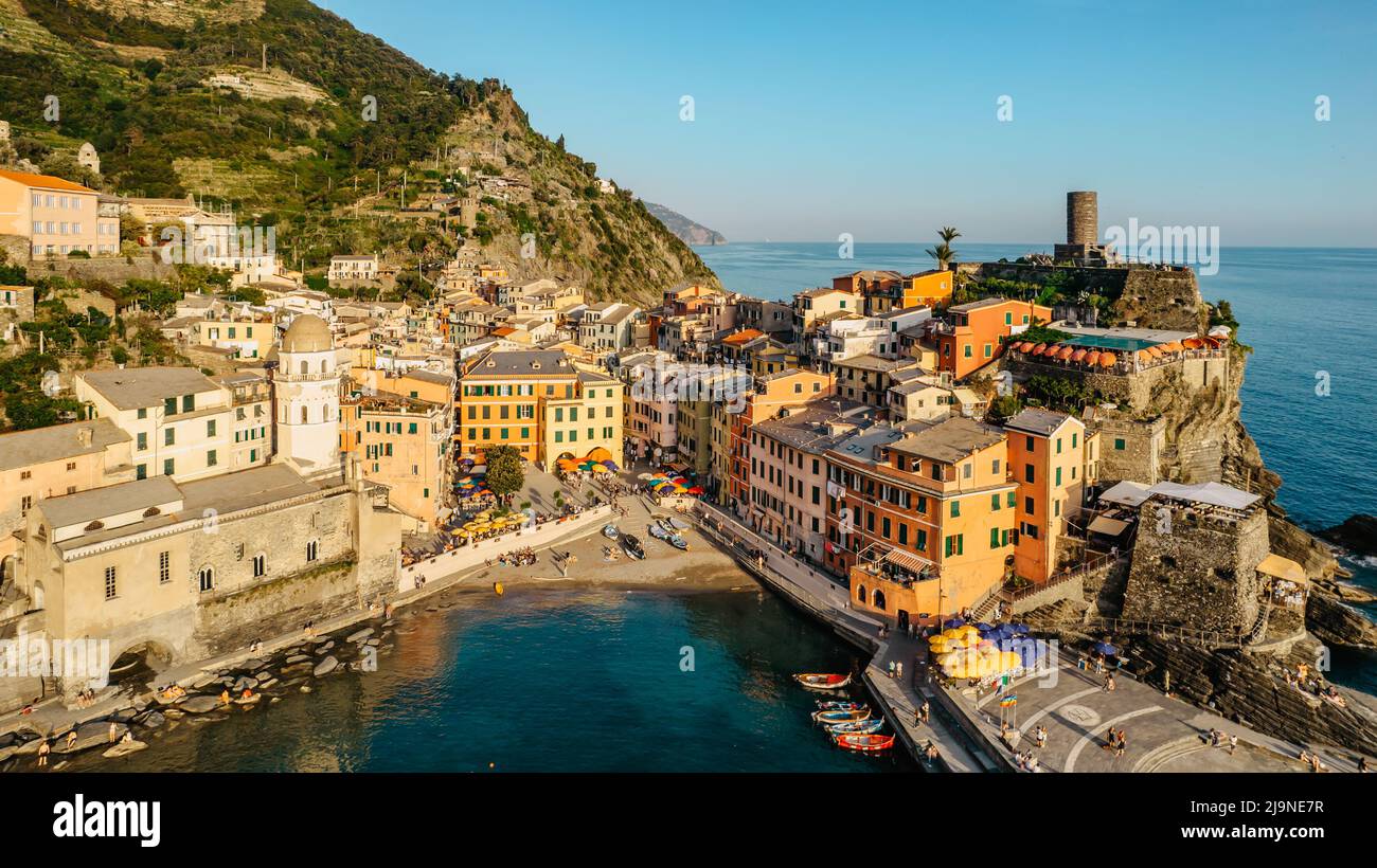 Aerial view of Vernazza and coastline of Cinque Terre,Italy.UNESCO Heritage Site.Picturesque colorful village on rock above sea.Summer holiday,travel Stock Photo