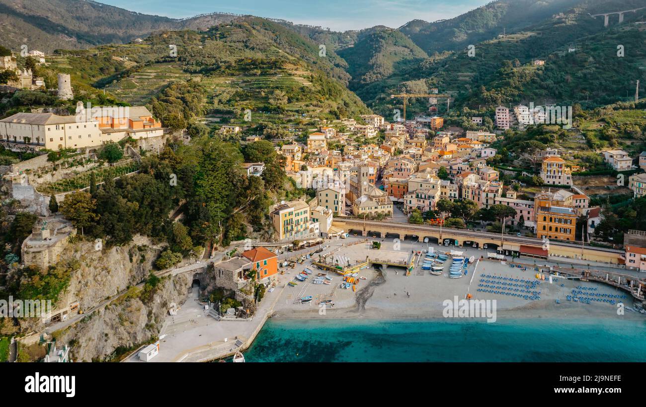 Aerial view of Monterosso and landscape of Cinque Terre,Italy.UNESCO Heritage Site.Picturesque colorful coastal village located on hills.Summer holida Stock Photo