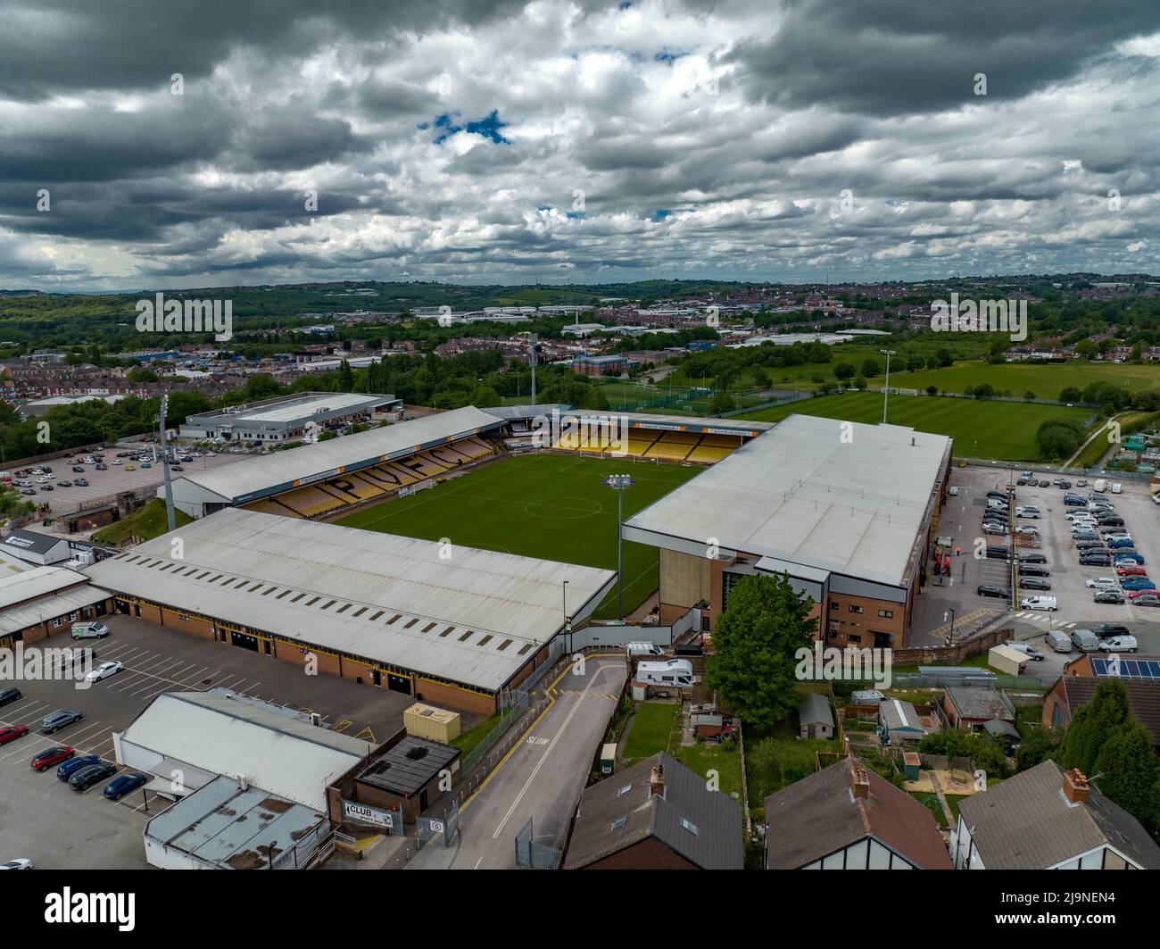 Port Vale , Vale Park Stadium , Aerial Photo taken  following Promotion to League 1 along with Burlsem and Burselm Park Drone Images Stock Photo