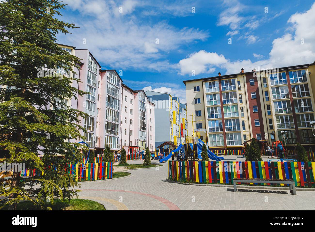 View of New residential high-rise buildings. Apartments with balconies in a new ...
