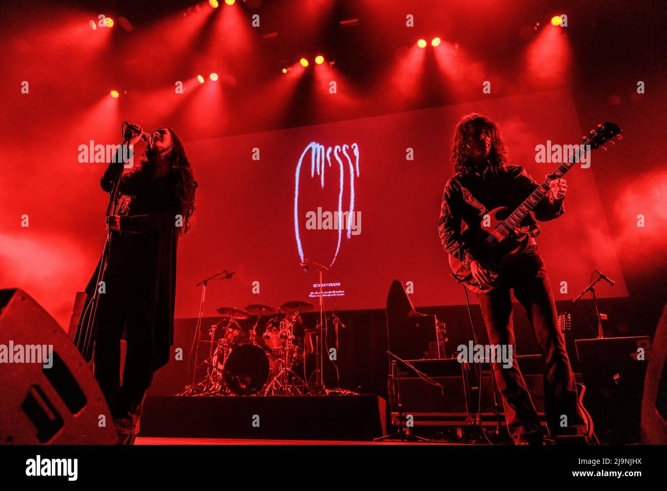 Tilburg, Netherlands. 21st, April 2022. The Italian doom metal band Messa performs a live concert during the Dutch music festival Roadburn Festival 2022 in Tilburg. Here vocalist Sara B is seen live on stage with guitarist Alberto Piccolo. (Photo credit: Gonzales Photo - Peter Troest). Stock Photo