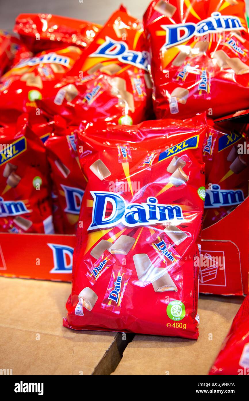 Bags of Swedish caramel chocolate sweets Daim at Ikea Stock Photo
