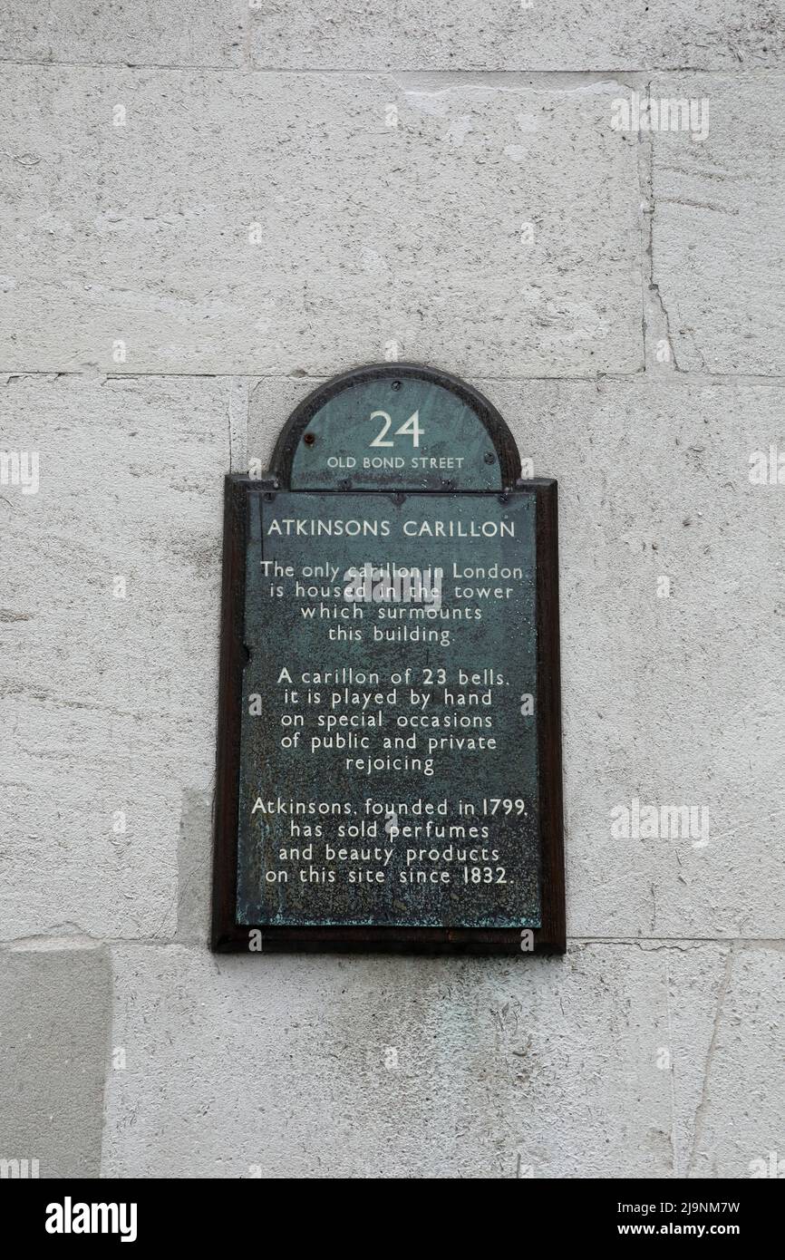 Atkinsons Carillon sign at 24 Old Bond Street Stock Photo