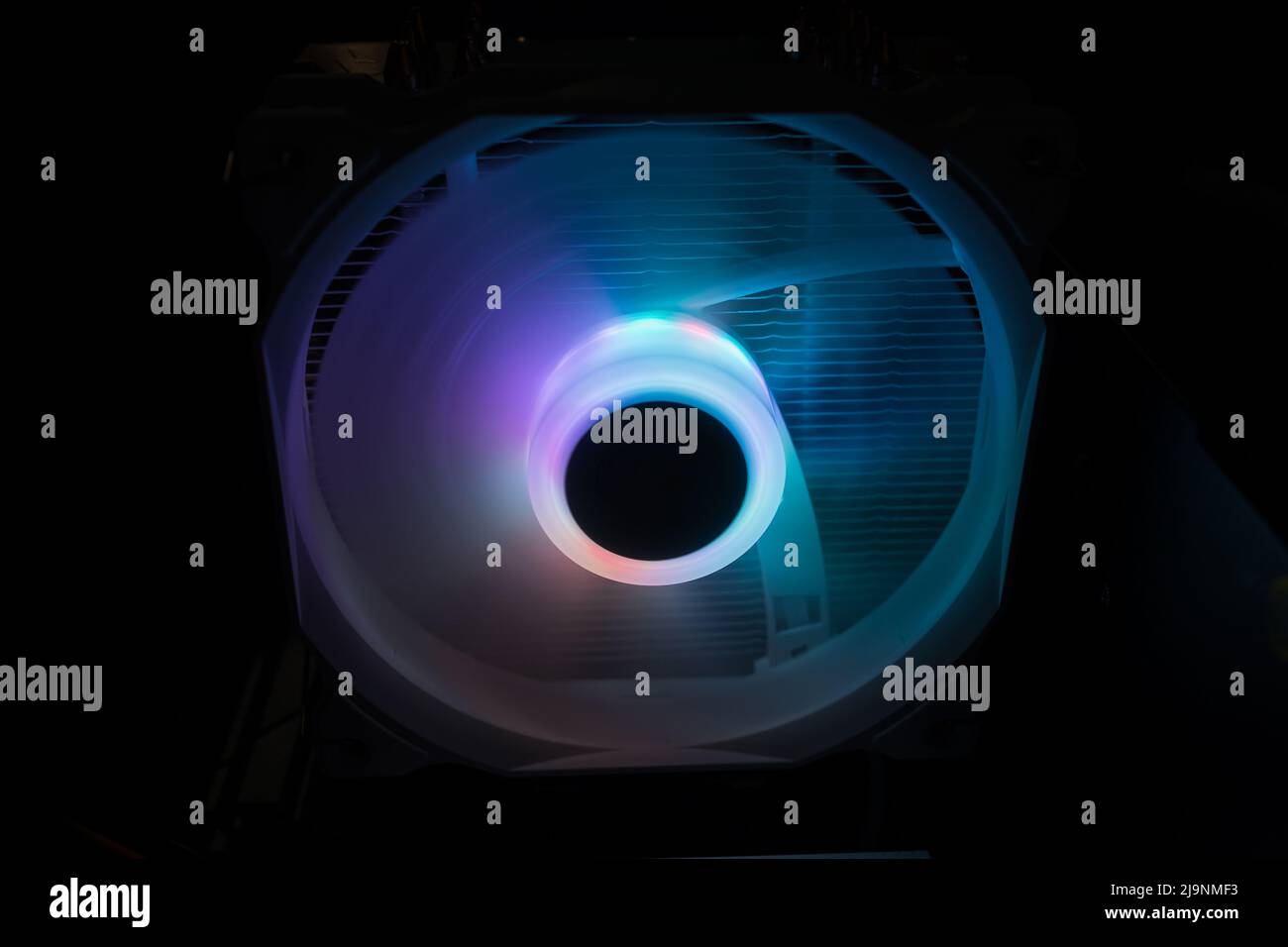 Inside a high performance computer. Computer cooling fans illuminated