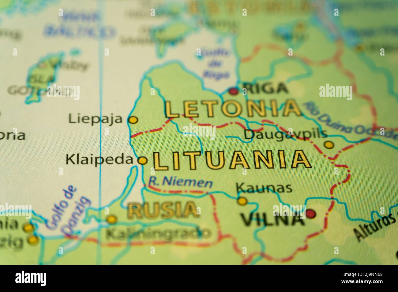 Orographic map of Lithuania and Estonia in the Baltic Sea. With references in Spanish. Concept of cartography, travel, tourism, geography. Differentia Stock Photo