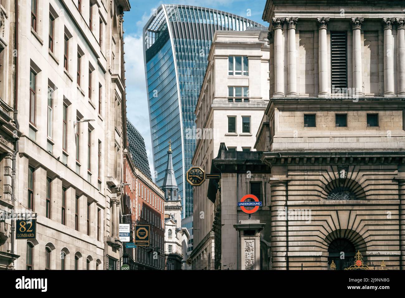 London - 21 May 2022 - View of Traditional & Modern British Skyline in City of London with Bank Underground Station, London, England, UK Stock Photo