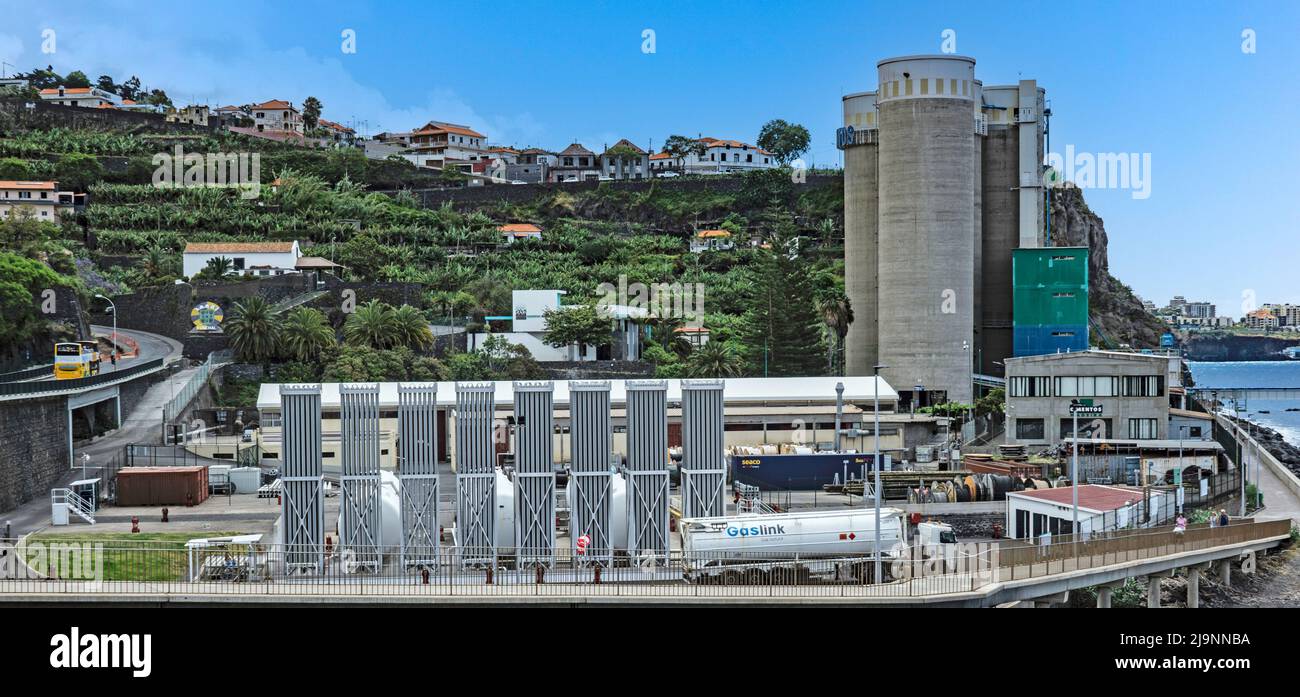 The industrial complex near San Martinho , Madeira, Portugal comprising the Gaslink LING Terminal and Madeira Cement. Stock Photo