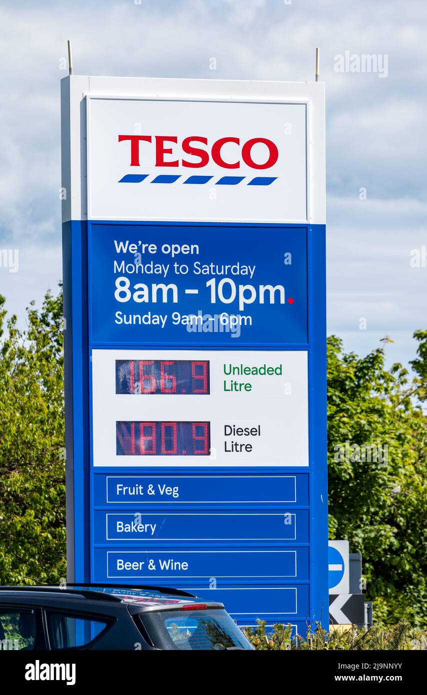 Sign at Tesco supermarket petrol station with fuel prices, North Berwick, east Lothian, Scotland, UK Stock Photo