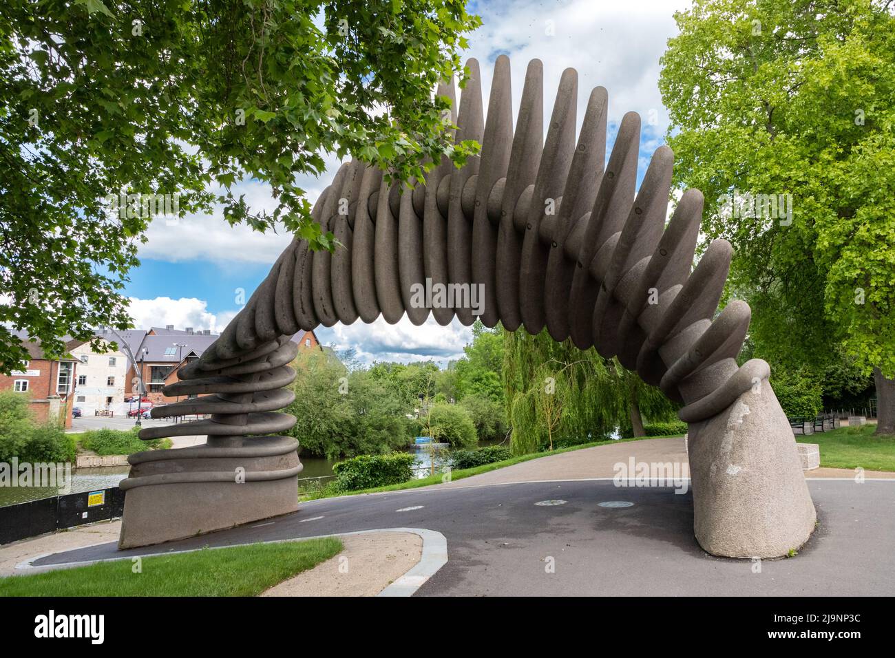 Modern art sculpture 'The Quantum Leap' in celebration of Charles Darwin in Shrewsbury, Shropshire on the banks of the River Severn Stock Photo
