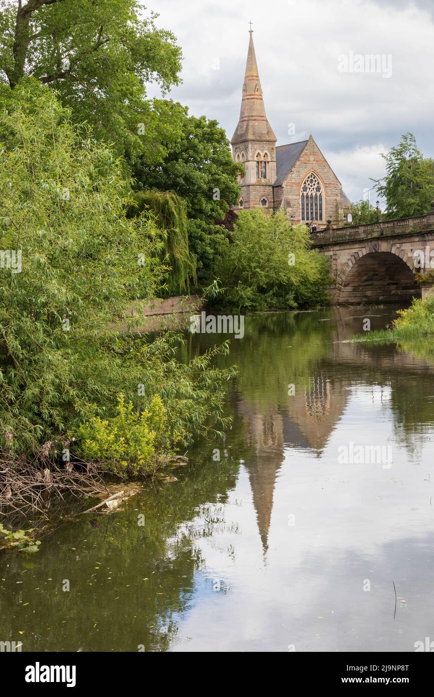 English Bridge over the River Severn with the United Reform Church in Shrewsbury, Shropshire, UK Stock Photo