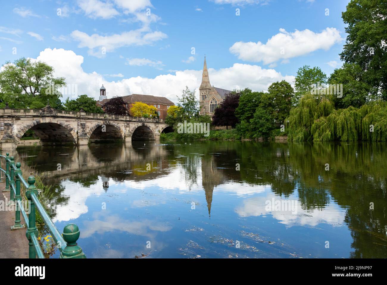 English Bridge over the River Severn with the United Reform Church in Shrewsbury, Shropshire, UK with perfect reflections Stock Photo