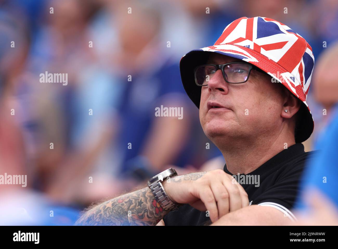 Sevilla, Spain, 18th May 2022. A Rangers fan looks on during the UEFA Europa League match at Ramon Sanchez-Pizjuan Stadium, Sevilla. Picture credit should read: Jonathan Moscrop / Sportimage Stock Photo