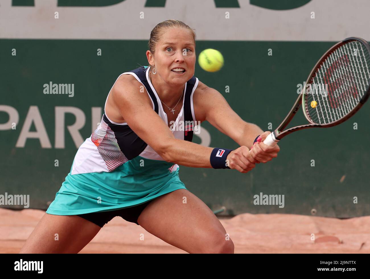 Paris, France. 24th May, 2022. US Shelby Rogers plays against Tereza  Martincova of the Czech Republic during their French Tennis Open match at  Roland Garros near Paris, France, on Tuesday 24 May,