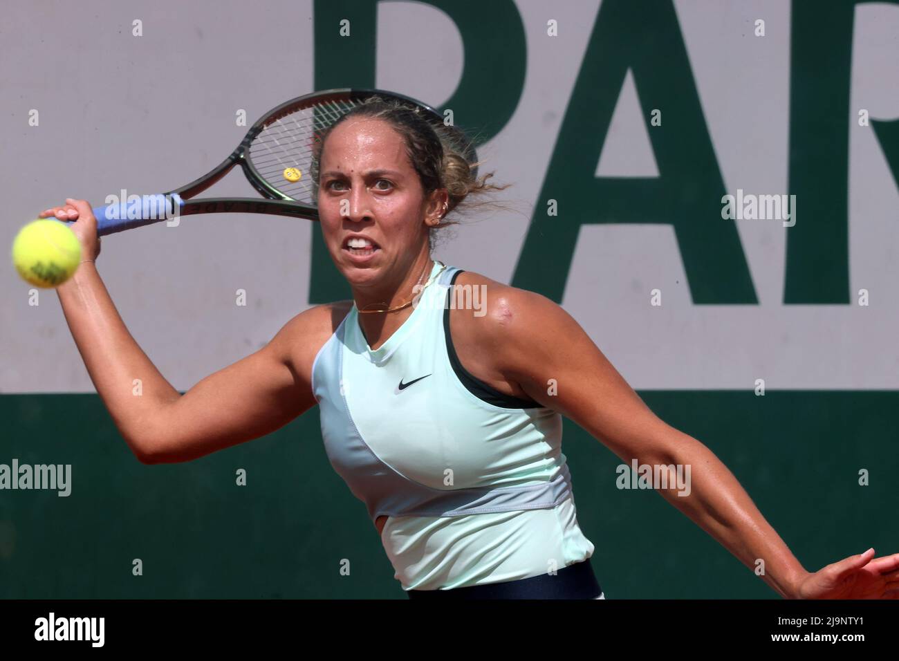 Paris, France. 24th May, 2022. US Madison Keys plays against Anna Kalinskaya of Russia during their French Tennis Open match at Roland Garros near Paris, France, on Tuesday 24 May, 2022. Keys won 6-3, 3-6, 6-4. Photo by Maya Vidon-White/UPI Credit: UPI/Alamy Live News Stock Photo