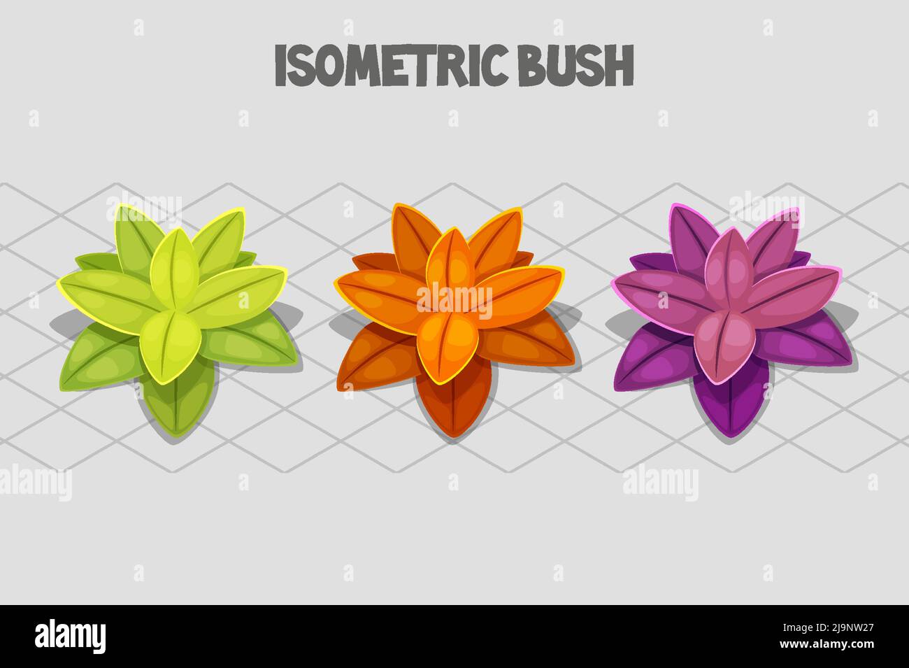Three bushes for 2d game, cartoon landscape objects on isometric grid Stock Vector