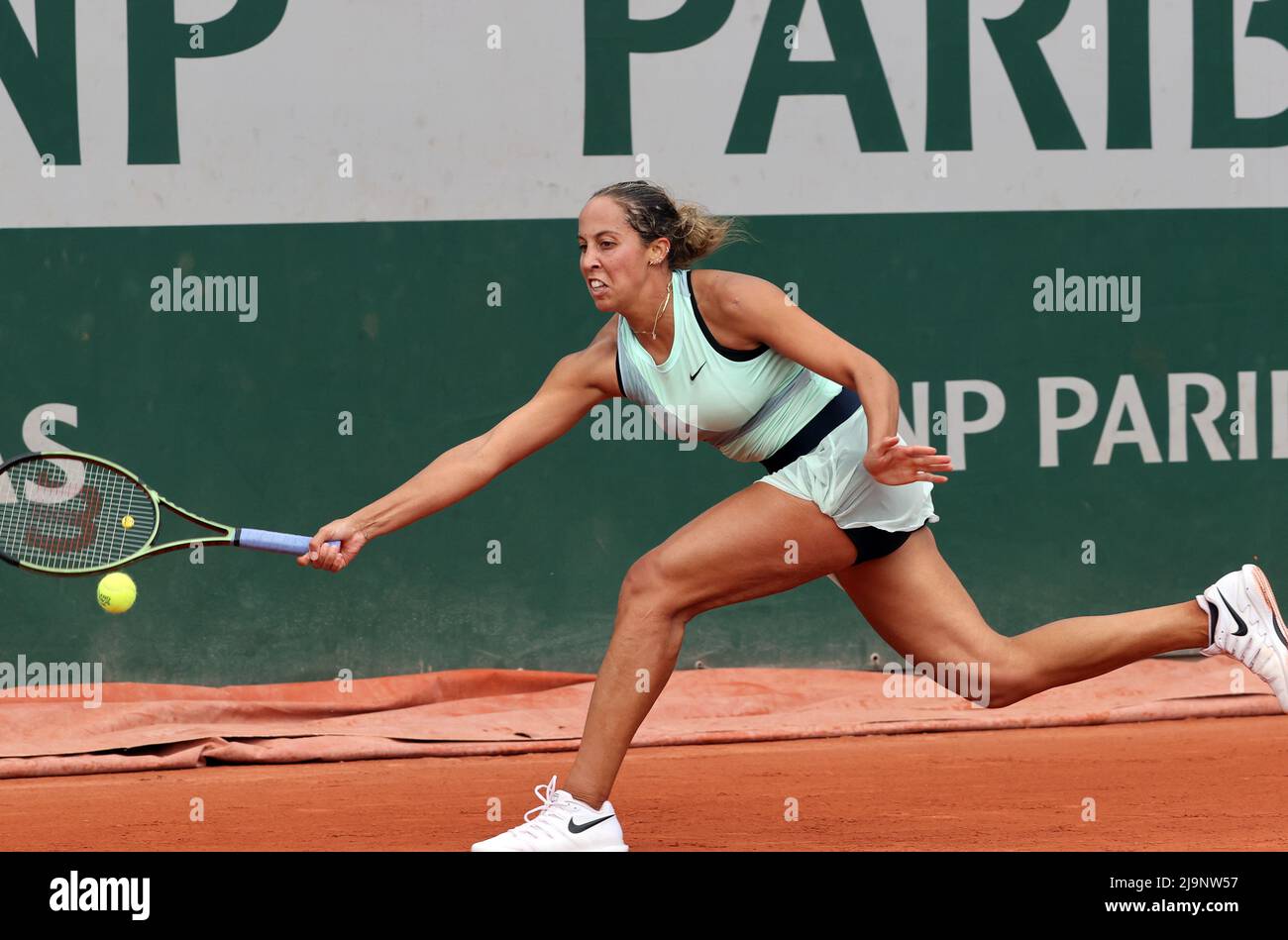 Paris, France. 24th May, 2022. US Madison Keys plays against Anna Kalinskaya of Russia during their French Tennis Open match at Roland Garros near Paris, France, on Tuesday 24 May, 2022. Keys won 6-3, 3-6, 6-4. Photo by Maya Vidon-White/UPI Credit: UPI/Alamy Live News Stock Photo