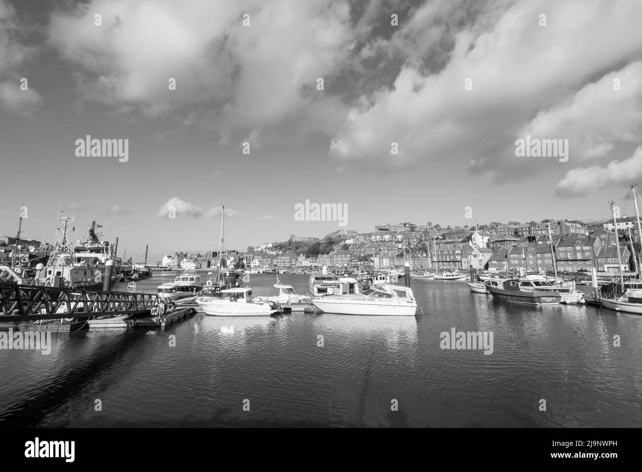 Black and white photo of Whitby marina in North Yorkshire Stock Photo ...