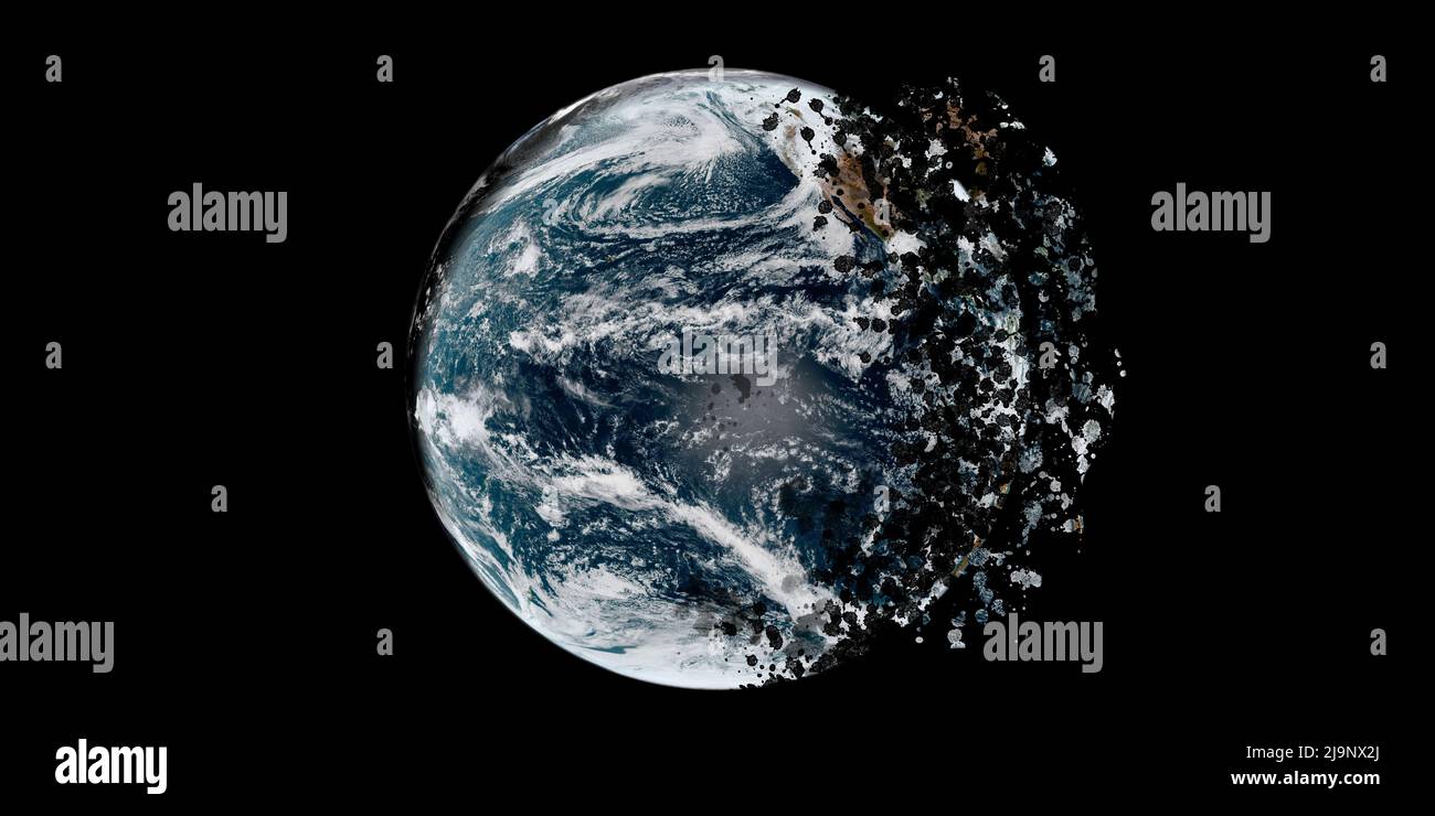 Disintegration of the world globe on black background, fragmented earth. (Elements of this image furnished by NASA) Stock Photo