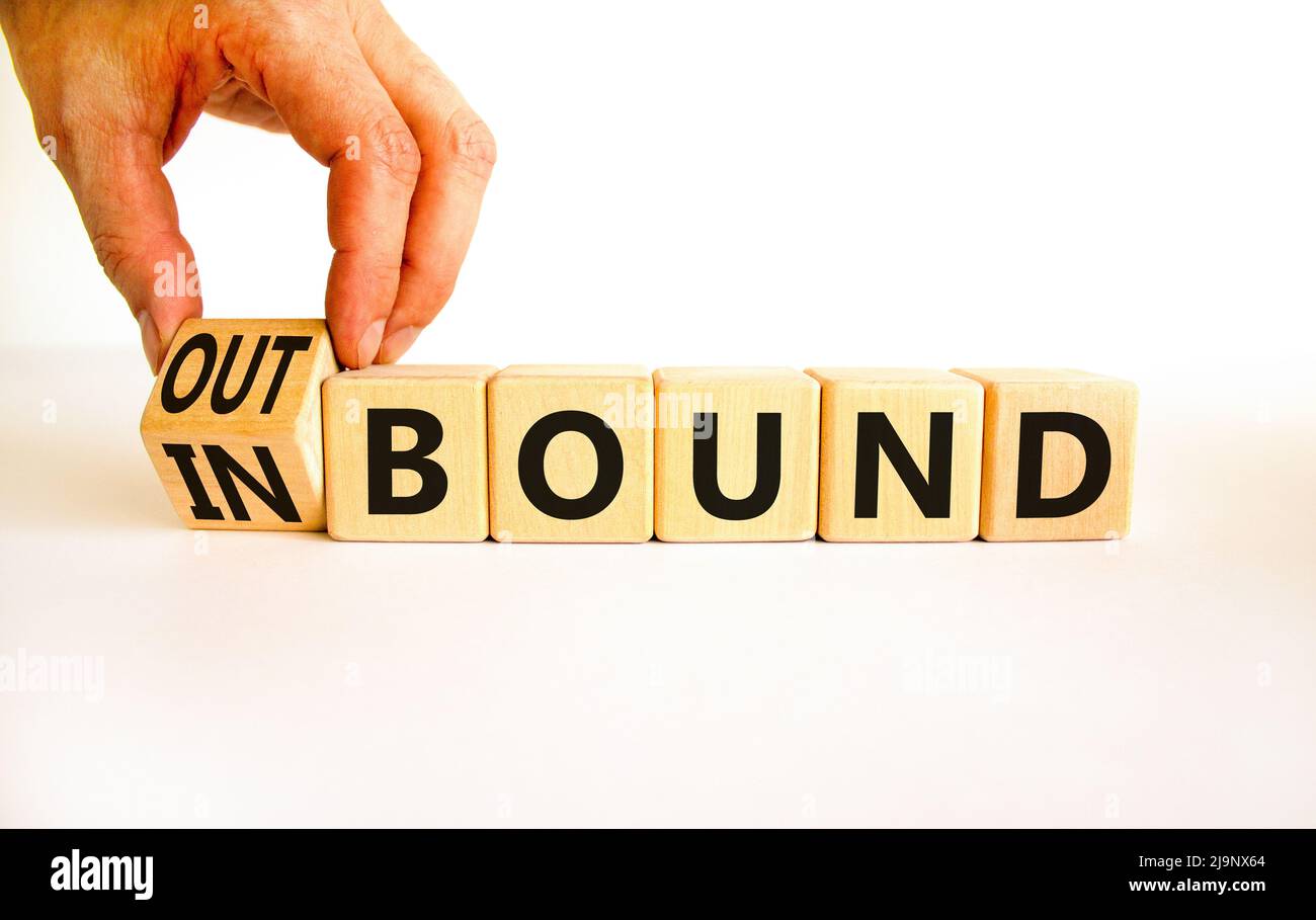 Word Inbound Inbound or outbound symbol. Businessman turns wooden cubes and changes ...