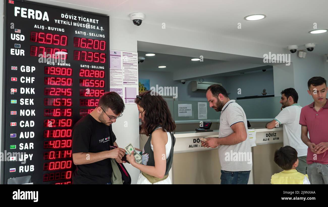 Izmir, Turkey. 24th May, 2022. Turkish Lira continues to depreciate; Euro  exceeded 17 TL, Dollar exceeded 16 TL. Turkish Lira which had been around  15 for a long time, has seen 16