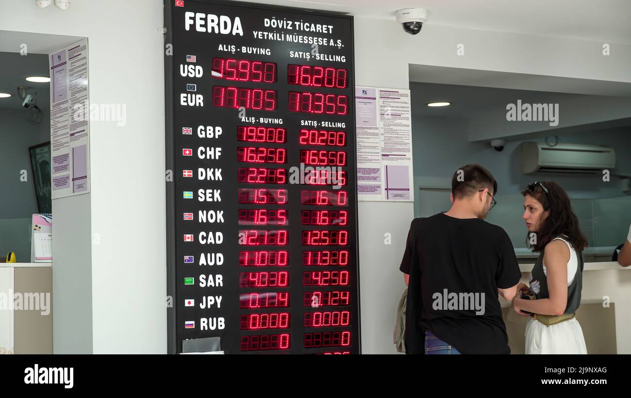 Izmir, Turkey. 24th May, 2022. Turkish Lira continues to depreciate; Euro  exceeded 17 TL, Dollar exceeded 16 TL. Turkish Lira which had been around 15  for a long time, has seen 16
