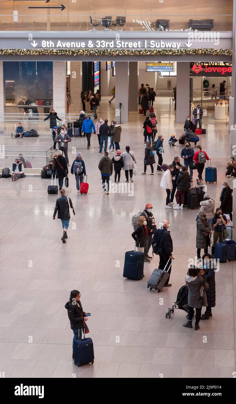 Moynihan Train Hall, an expansion of Penn Station in the former James A. Farley Post Office Building, has access to the Long Island Railroad & Amtrak. Stock Photo