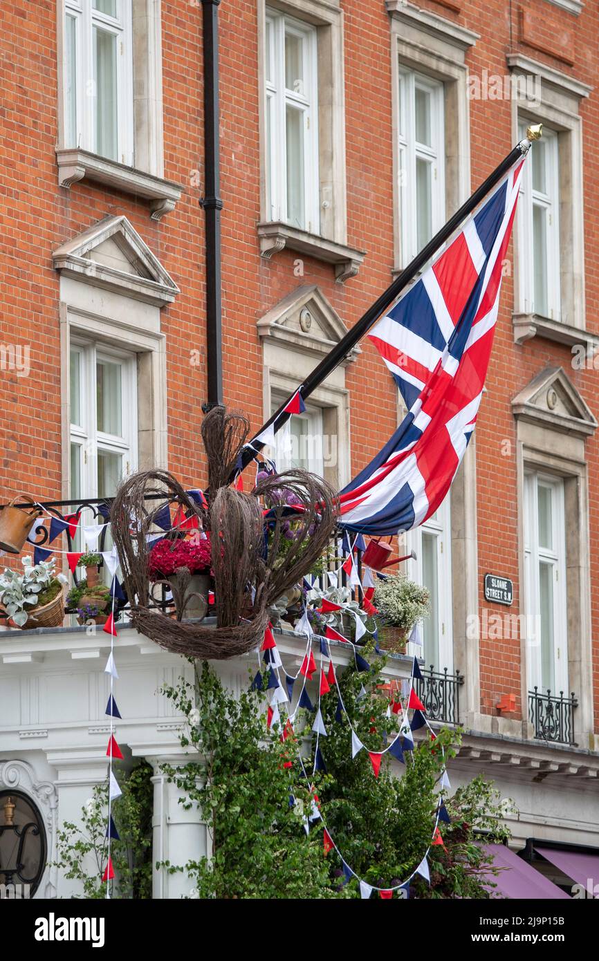 Floral displays celebrating the Queen's Platinum Jubilee are seen at